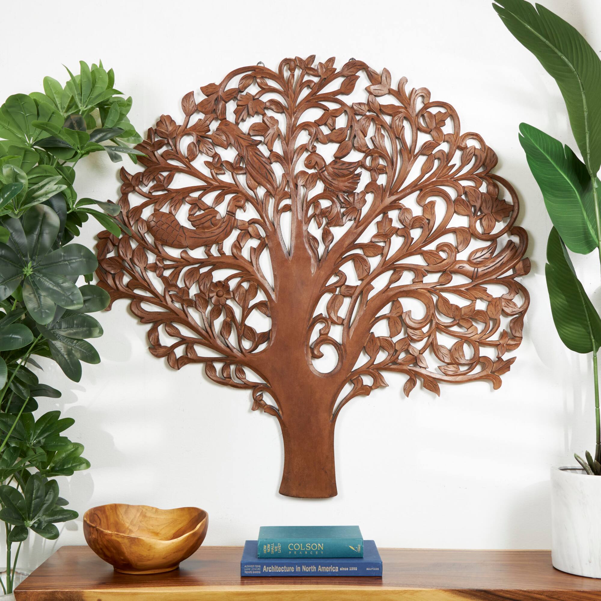 43" x 45" Brown Carved Wooden Tree Wall Décor with Bird Accents